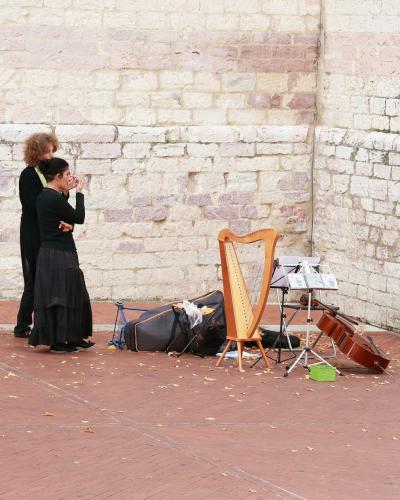 A man and woman in dark clothing stand on a reddish paved surface next to a harp, cello, and music stand against a weathered stone wall.