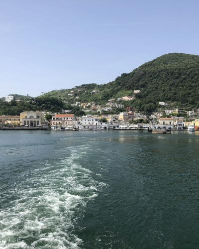 The image shows the wake of a ferry boat on the water, with a coastal town and a green hill in the background under a clear sky.