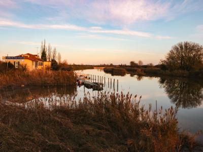 A small boat is moored in a calm, narrow waterway surrounded by tall reeds and grasses, with a yellow building visible on the left bank under a twilight sky.