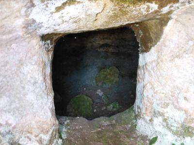 A close-up view of a square, rock-cut niche or small tomb entrance carved into light-colored stone, with dark interior and green mossy patches on the floor and walls.