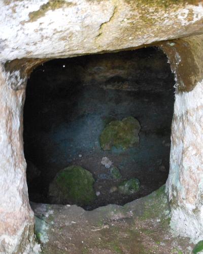 A close-up view of a square, rock-cut niche or small tomb entrance carved into light-colored stone, with dark interior and green mossy patches on the floor and walls.