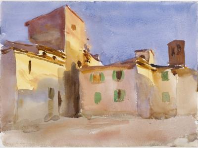 A watercolor painting depicting a cluster of sunlit, ochre-colored buildings with green shutters and a tower under a blue sky, with the handwritten inscription "Borgo S. Lorenzo" in the lower-left corner.