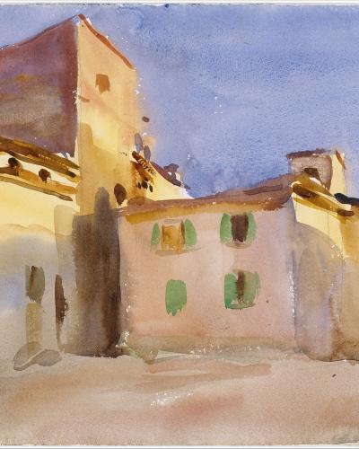 A watercolor painting depicting a cluster of sunlit, ochre-colored buildings with green shutters and a tower under a blue sky, with the handwritten inscription "Borgo S. Lorenzo" in the lower-left corner.