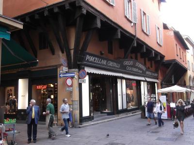 Shops and market stalls in the lanes of Bologna's Quadrilatero