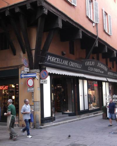 Shops and market stalls in the lanes of Bologna's Quadrilatero