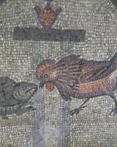 An ancient Roman floor mosaic of a rooster and a tortoise in Aquileia