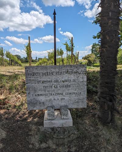 A weathered stone memorial plaque inscribed with "PARCO DELLE RIMEMBRANZE" and "IN ONORE DEI CADUTI DI TUTTE LE GUERRE," set outdoors in a rural landscape with vineyards and a palm tree under a blue sky.