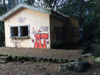 A small, single-story building with a flat roof and beige walls, heavily covered in graffiti (including large red letters "IT" and tags like "THOR"), situated on a leafy, wooded slope with stone retaining walls.