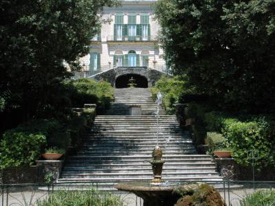 A view of a grand villa with green shutters and a long stone staircase leading up to it, framed by trees and featuring a fountain in the foreground.