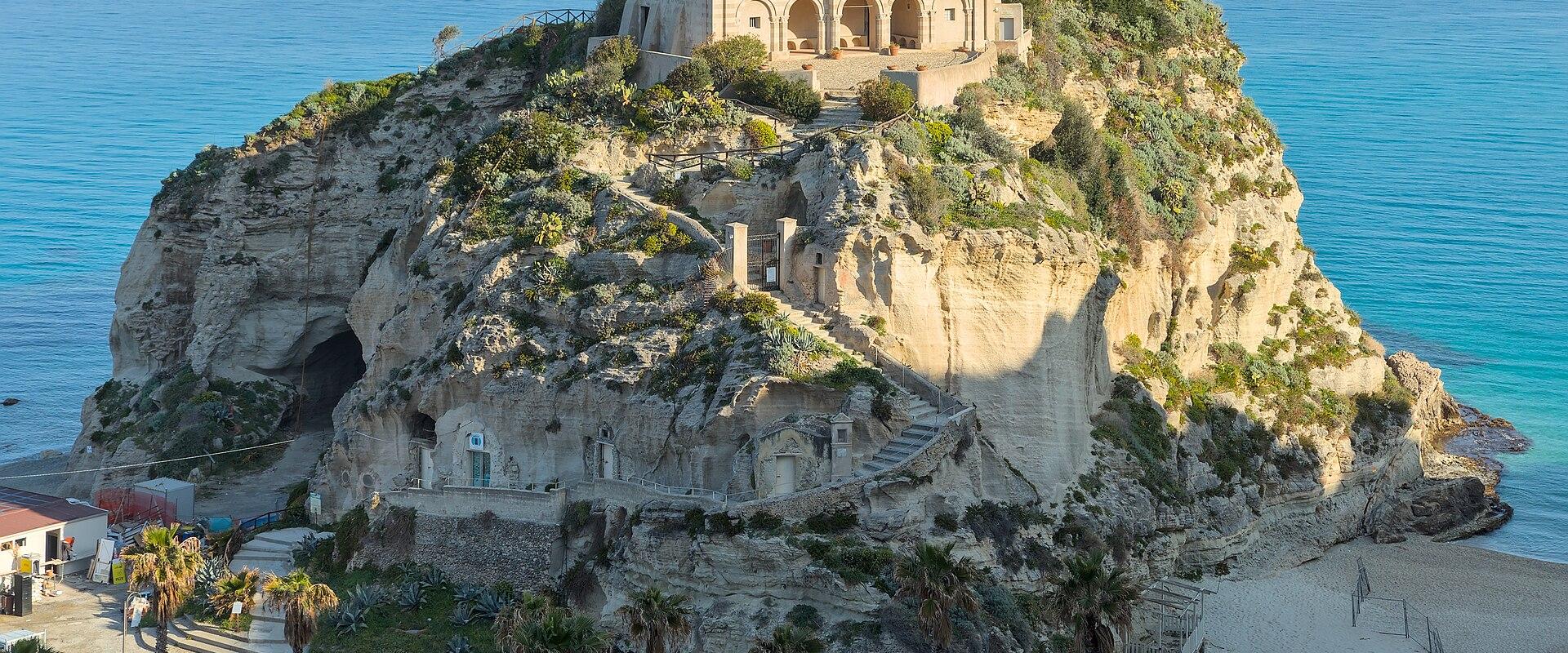 Santa Maria dell'Isola on its rock above the turquoise sea at Tropea, Calabria