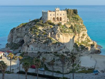 Santa Maria dell'Isola on its rock above the turquoise sea at Tropea, Calabria