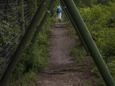 A hiker with a blue backpack walks away on a dirt trail framed by green metal support beams of a bridge or structure, with a wire mesh fence on the left and dense green foliage on both sides.