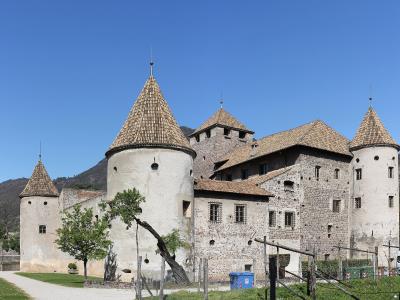 A stone castle with multiple conical-roofed towers and a central building, set against a clear blue sky with hills in the background; no visible signage or text.