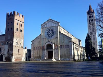The Romanesque facade and bell tower of the Basilica di San Zeno, Verona