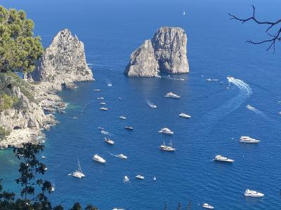 A high-angle view of three large, rugged limestone sea stacks rising from the deep blue Mediterranean Sea, with numerous white yachts and boats anchored in the bay below, framed by green coastal vegetation in the foreground.
