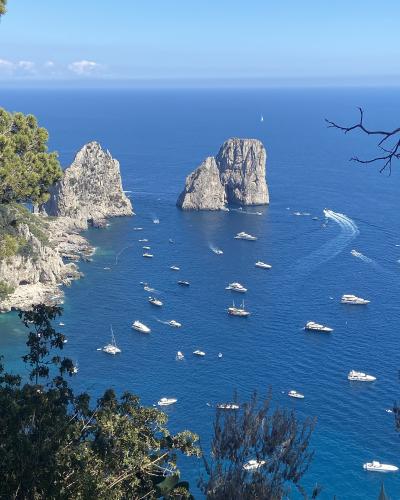 A high-angle view of three large, rugged limestone sea stacks rising from the deep blue Mediterranean Sea, with numerous white yachts and boats anchored in the bay below, framed by green coastal vegetation in the foreground.