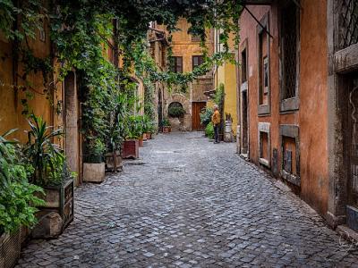 An ivy-hung cobbled lane in Trastevere, Rome