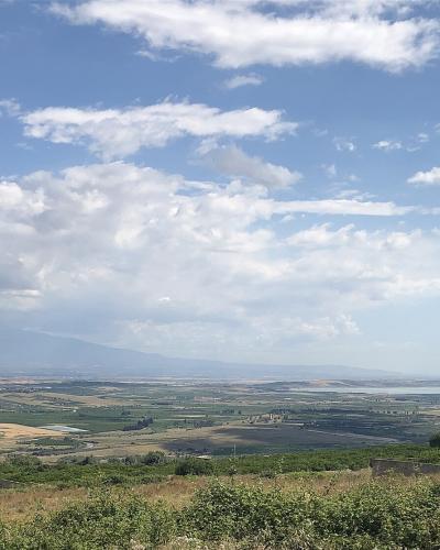 A wide landscape view of the Sicilian countryside featuring agricultural fields in the foreground and a large mountain (Mount Etna) in the distant background under a cloudy sky.