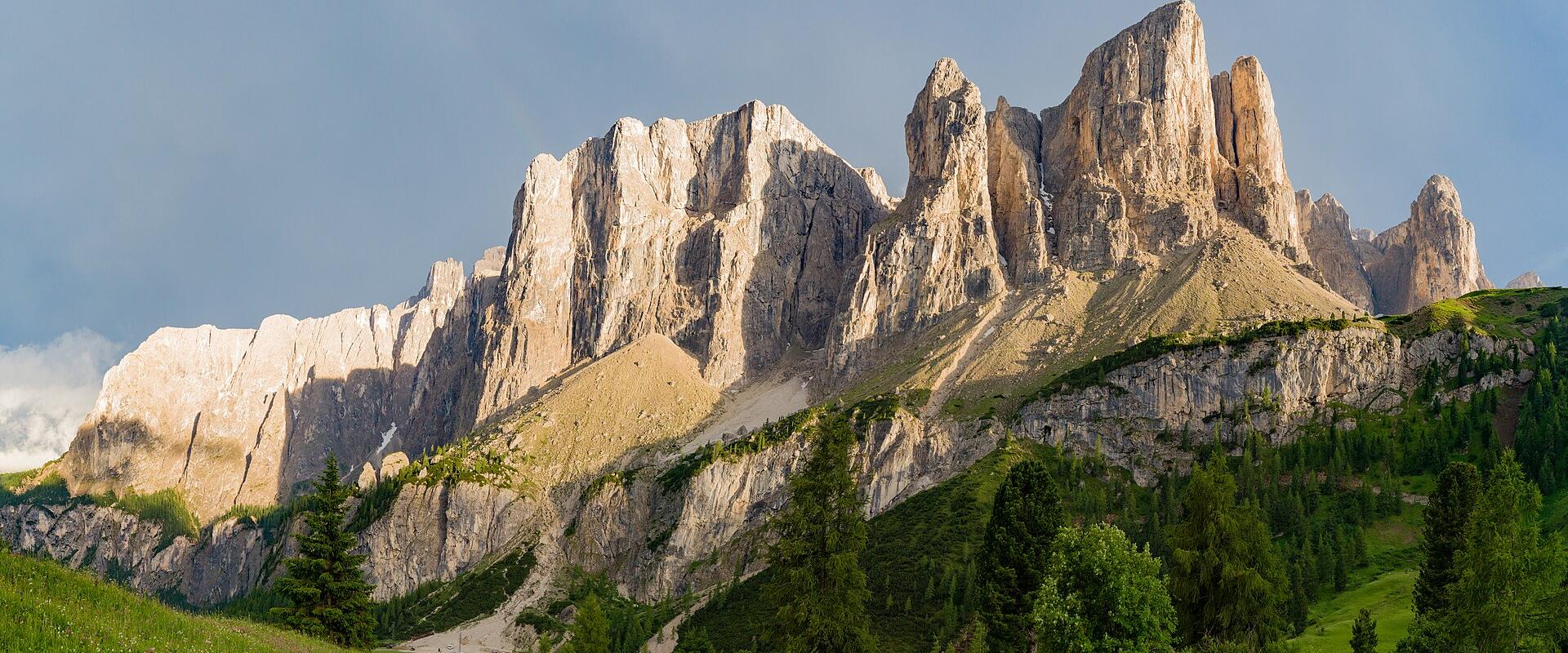 A panoramic view of the jagged, pale limestone peaks of the Sella Group in the Dolomites, with green alpine meadows and coniferous trees in the foreground under a partly cloudy sky.