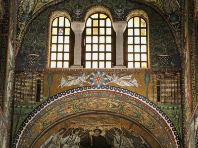 The image shows the interior apse and arch of a Byzantine-style church, featuring elaborate gold-ground mosaics with figures of angels, a central Christogram, and architectural details like arched windows and decorative borders.