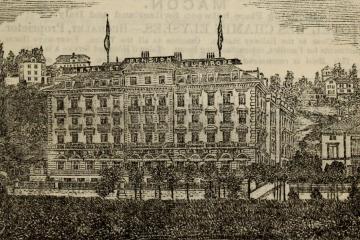 An engraved illustration of a large, multi-story hotel building labeled "HOTEL ET PENSION DE L'EUROPE" with flags on the roof, set against a hillside with other buildings and trees.