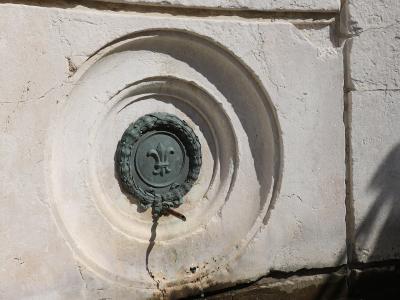 A close-up of a stone fountain spout featuring a bronze fleur-de-lis emblem within a laurel wreath, set into a carved stone wall with Latin inscriptions above and a water basin below.