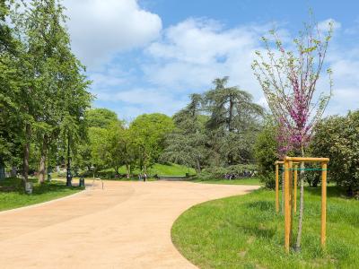 A wide, curving gravel path winds through a lush green park with mature trees, grassy lawns, and a young tree supported by wooden stakes on the right; people are visible in the distance enjoying the space under a partly cloudy sky.
