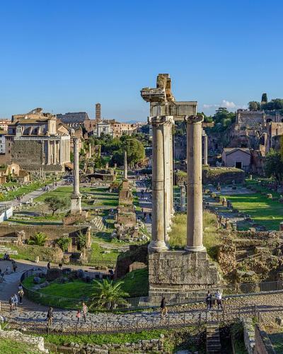 A panoramic view of the Roman Forum archaeological site in Rome, featuring prominent ancient ruins like the Temple of Saturn columns and the Arch of Septimius Severus, with the Church of Santi Luca e Martina visible on the left and the Capitoline
