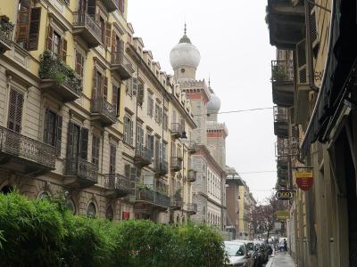 A street view in an urban European neighborhood featuring multi-story buildings with balconies and shutters, lined with parked cars and greenery, with a distinctive mosque featuring onion-shaped domes visible in the background.