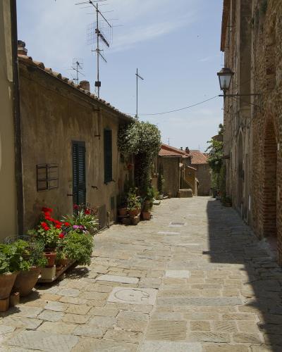 A narrow, sunlit cobblestone alleyway in an old Italian town, flanked by rustic stone and stucco buildings with potted plants and traditional shutters.