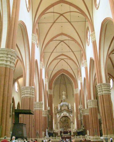 The soaring Gothic nave of the Basilica di San Petronio, Bologna