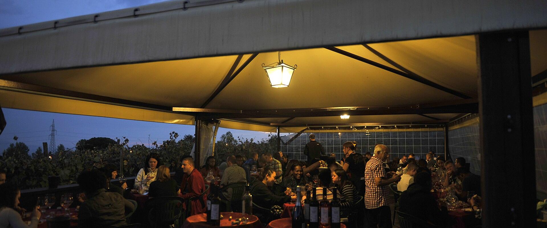 A group of people are seated at tables under a large white canopy tent at dusk, with wine bottles on the tables and vineyard rows visible in the background.