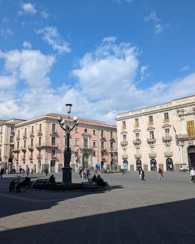 A wide-angle daytime view of a large, paved public square in Catania, Italy, featuring the University of Catania building on the right with "UNIVERSITAS STUDII CATANIENSIS" inscribed above its entrance, flanked by other historic buildings and a ce