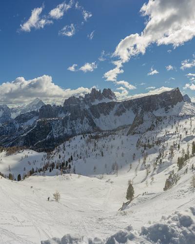 A panoramic winter landscape of the Dolomites featuring the distinctive rock formations of the Cinque Torri (Five Towers) on the left, with snow-covered slopes, scattered larch trees, and distant peaks under a blue sky with scattered clouds.