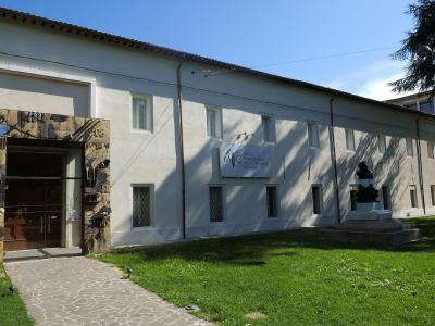 The image shows the exterior facade of a white building with a distinctive stone-clad entrance, a sign reading "MIC MUSEO INTERNAZIONALE DELLE CERAMICHE IN FAENZA", and a bust statue on a pedestal in front of a grassy area.