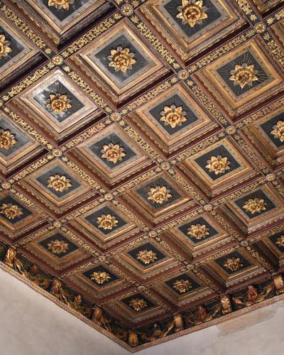 The image shows an ornate, coffered wooden ceiling with gilded floral rosettes set against dark backgrounds, framed by decorative molding and featuring a border of sculpted foliage along the wall-ceiling junction.