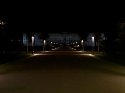 A night-time view of a long, straight, illuminated avenue lined with modern streetlights leading directly toward the brightly lit facade of a massive neoclassical palace.