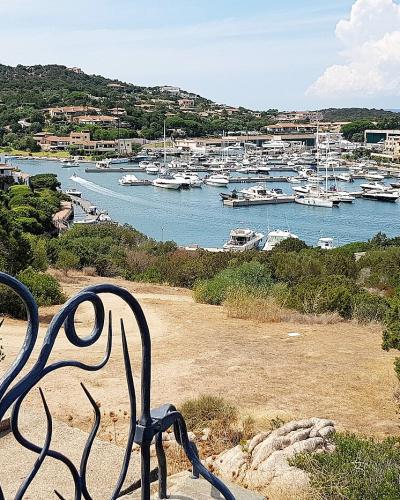 A panoramic view of a luxury marina filled with yachts, surrounded by Mediterranean-style buildings and hills, with a decorative metal bench in the foreground.