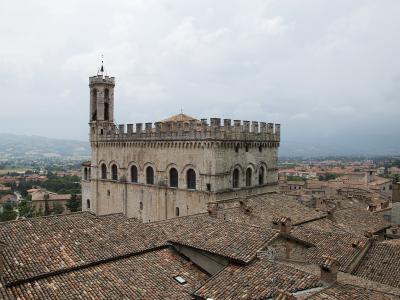 A high-angle view of a large, medieval stone palace with a prominent tower and crenellated roofline, set against a backdrop of terracotta-tiled rooftops and distant hills under an overcast sky.