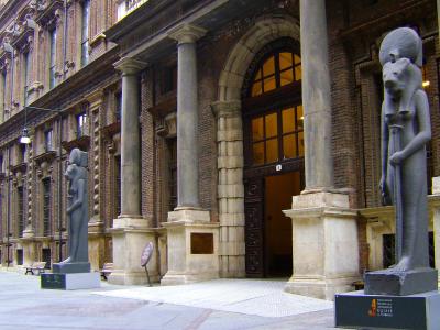 The entrance courtyard of the Museo Egizio in Turin with statues of Sekhmet