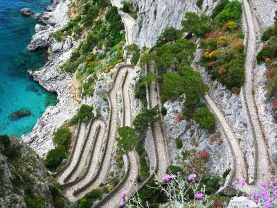 A high-angle view of a steep, zigzagging stone-paved footpath winding down a limestone cliffside next to turquoise sea water, with green vegetation and purple flowers in the foreground.