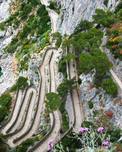 A high-angle view of a steep, zigzagging stone-paved footpath winding down a limestone cliffside next to turquoise sea water, with green vegetation and purple flowers in the foreground.