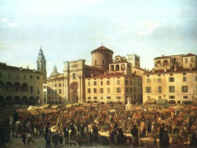 A 19th-century painting depicting a crowded outdoor market scene in a large Italian piazza, featuring historic buildings including a prominent archway and a round tower, with numerous market stalls and people.
