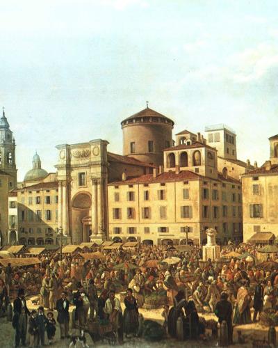 A 19th-century painting depicting a crowded outdoor market scene in a large Italian piazza, featuring historic buildings including a prominent archway and a round tower, with numerous market stalls and people.