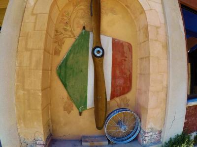 A close-up of an arched stone niche on a building facade displaying a wooden aircraft propeller, a shield painted with the Italian flag colors, and a spoked wheel, with the Latin inscription "ANIMVM" visible above.