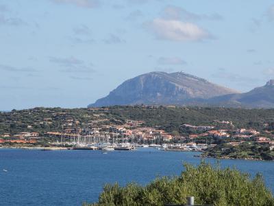 A coastal view of a marina filled with sailboats and yachts, nestled among terracotta-roofed buildings on a green hillside, with a prominent rocky mountain (likely Monte Pizzalto) in the background under a partly cloudy sky.