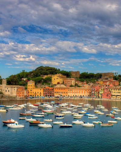 A panoramic view of a crescent-shaped bay filled with numerous small boats, backed by a dense cluster of colorful buildings and a hilltop fortress under a cloudy sky.