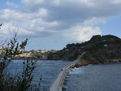 A long concrete pedestrian bridge extends over blue water toward a green, hilly island with scattered buildings, viewed from behind coastal foliage under a cloudy sky.