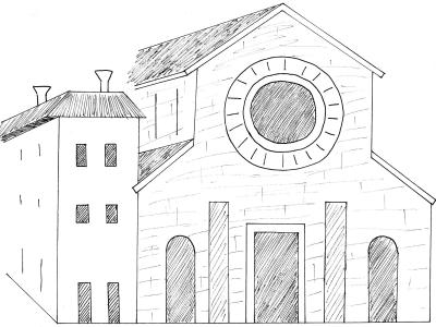 A hand-drawn sketch of a building facade featuring a large circular window (rose window), arched doorways, and an adjacent tower-like structure with rectangular windows.