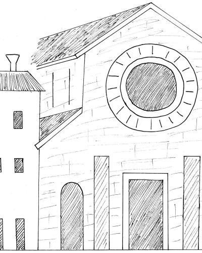 A hand-drawn sketch of a building facade featuring a large circular window (rose window), arched doorways, and an adjacent tower-like structure with rectangular windows.